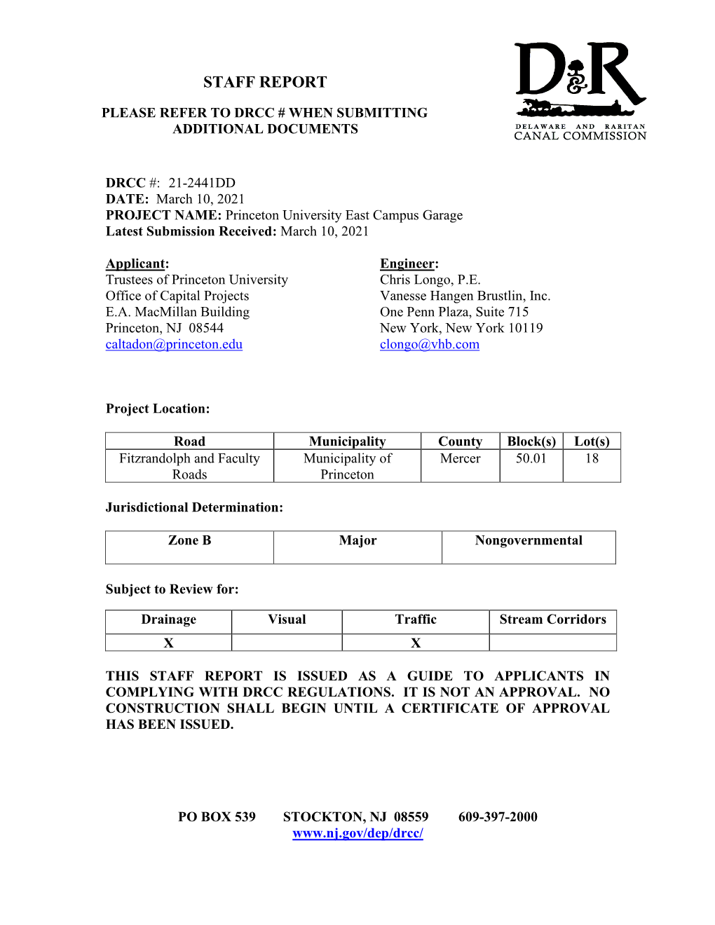 DRCC #: 21-2441DD DATE: March 10, 2021 PROJECT NAME: Princeton University East Campus Garage Latest Submission Received: March 10, 2021