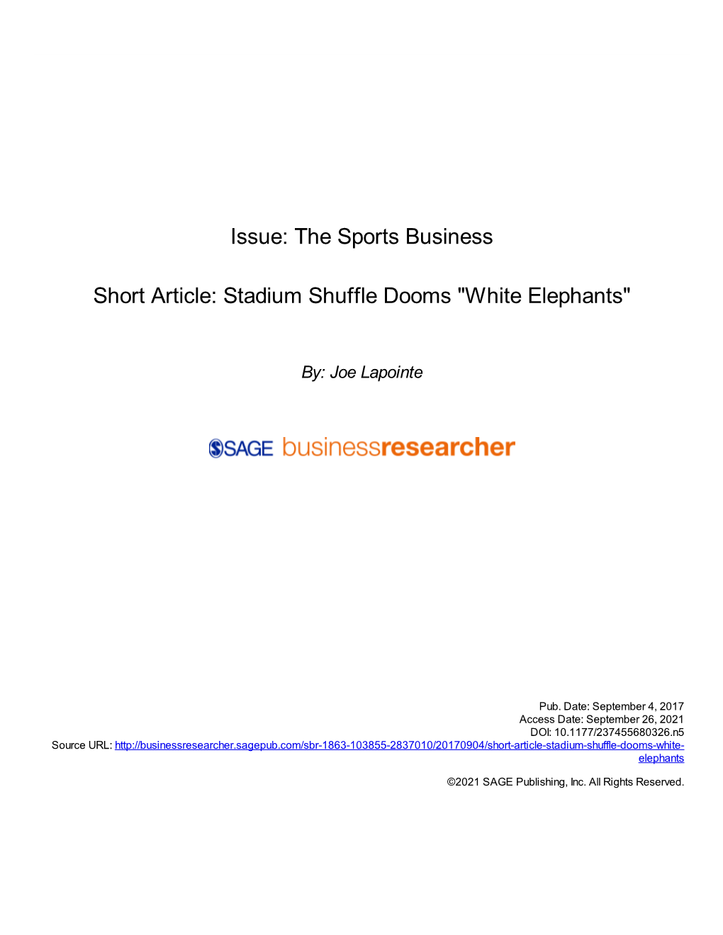 Issue: the Sports Business Short Article: Stadium Shuffle Dooms 