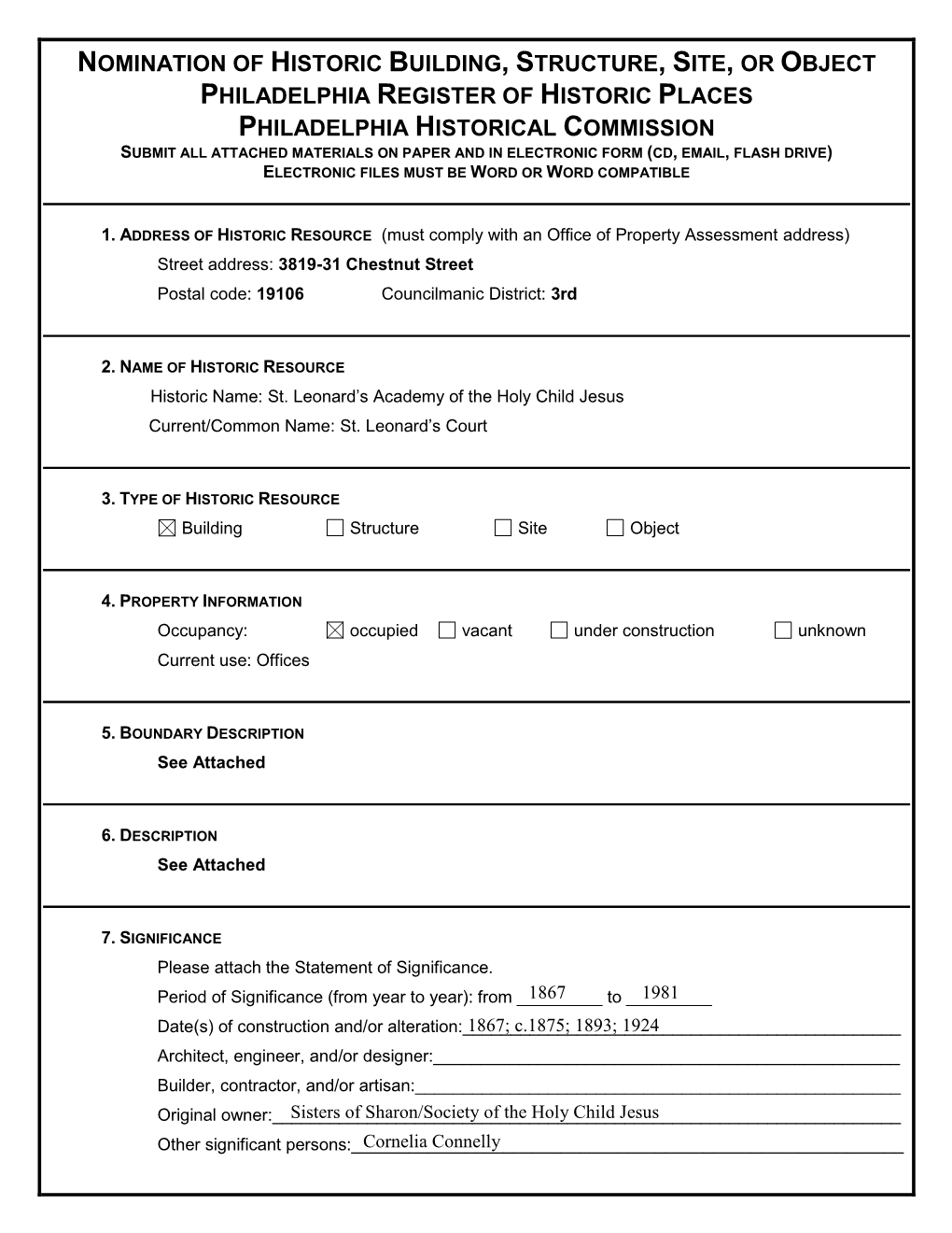 Nomination of Historic Building, Structure, Site, Or Object