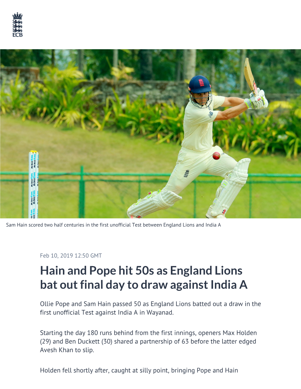Hain and Pope Hit 50S As England Lions Bat out Final Day to Draw Against India A
