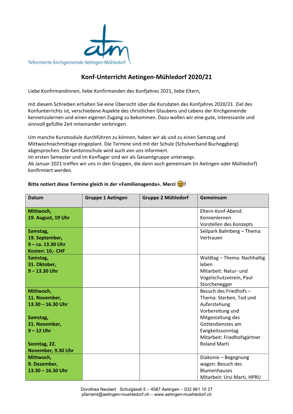 Konf-Unterricht Aetingen-Mühledorf 2020/21