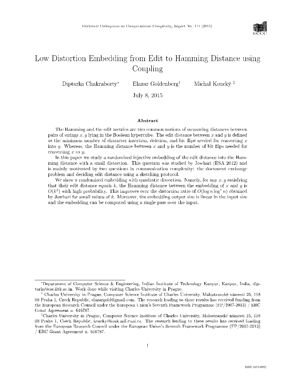 Low Distortion Embedding from Edit to Hamming Distance Using Coupling