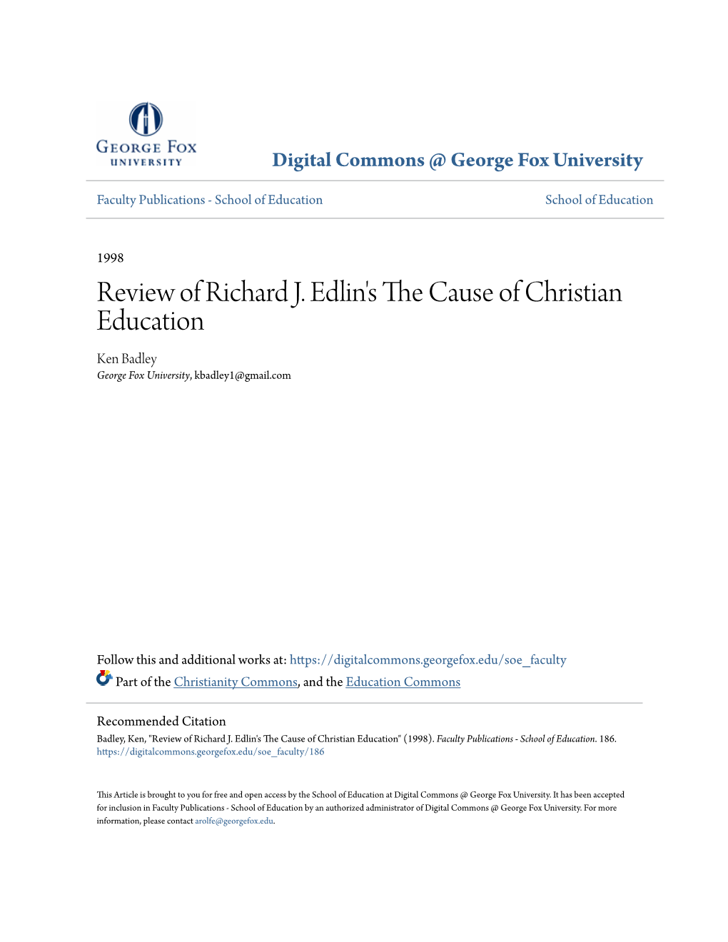 Review of Richard J. Edlin's the Cause of Christian Education