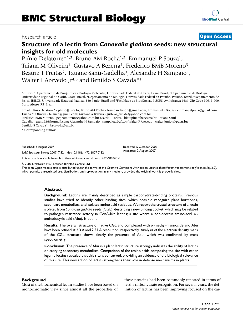 Structure of a Lectin from Canavalia Gladiata Seeds: New Structural