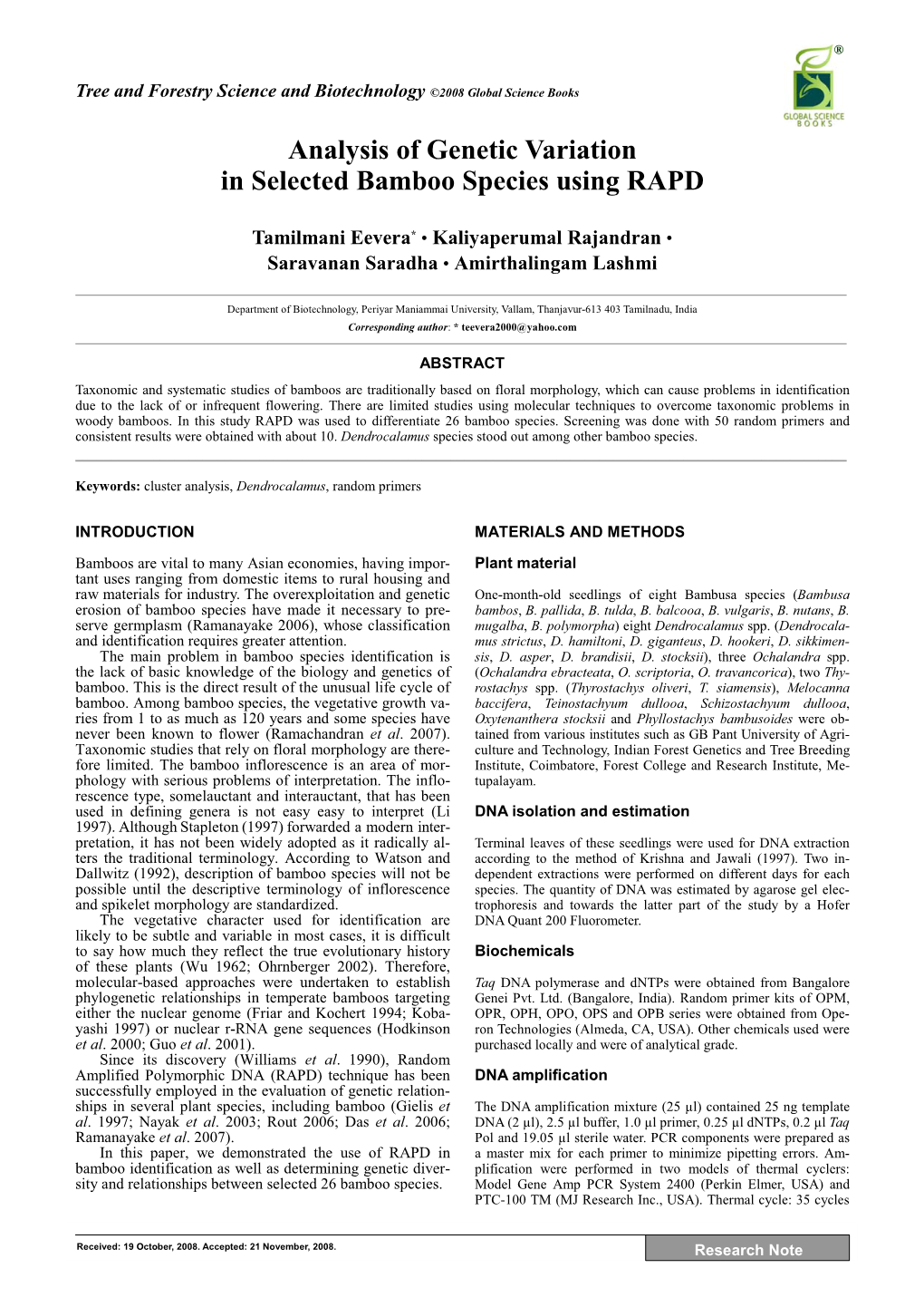 Analysis of Genetic Variation in Selected Bamboo Species Using RAPD