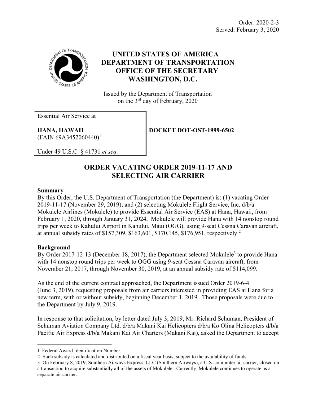 United States of America Department of Transportation Office of the Secretary Washington, D.C