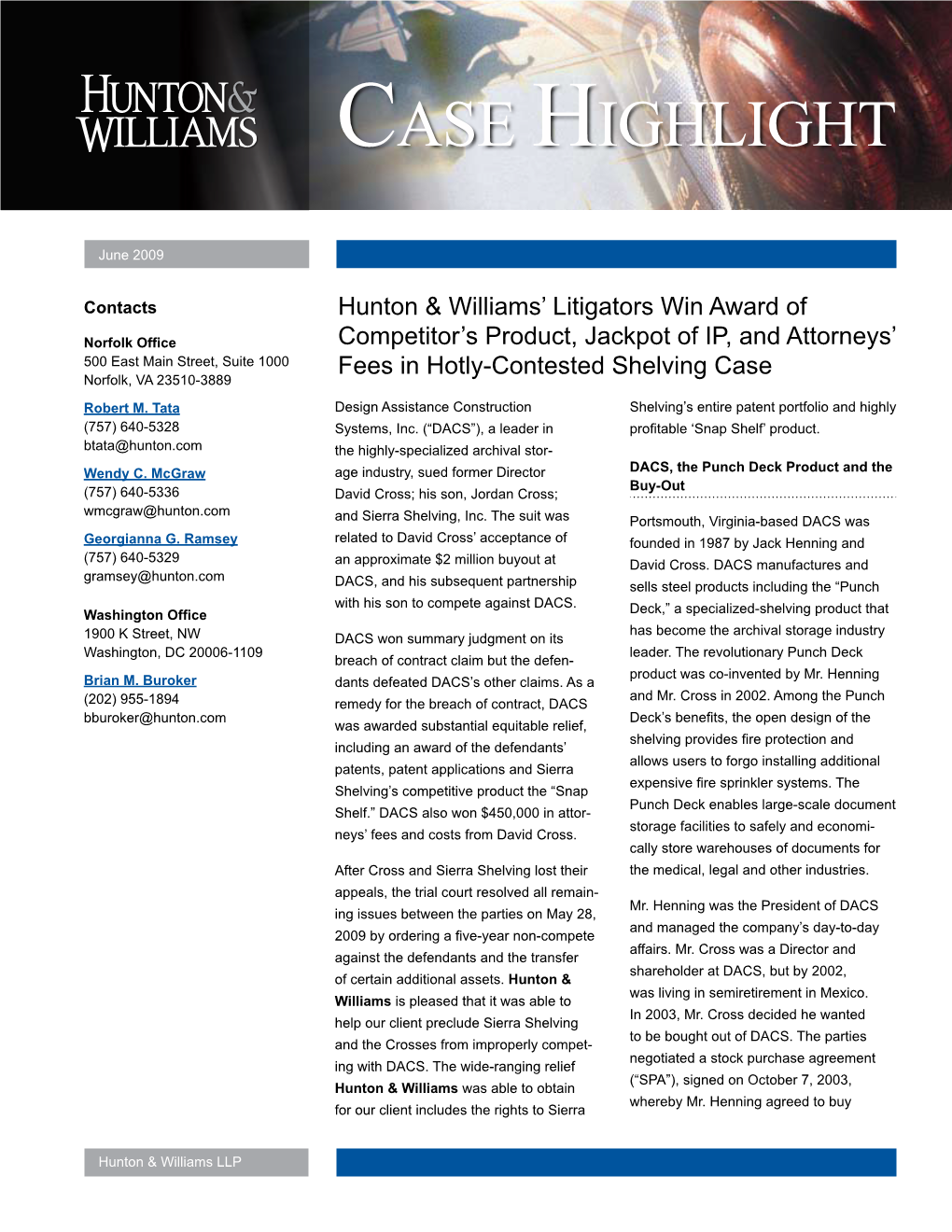 Hunton & Williams' Litigators Win Award of Competitor's Product