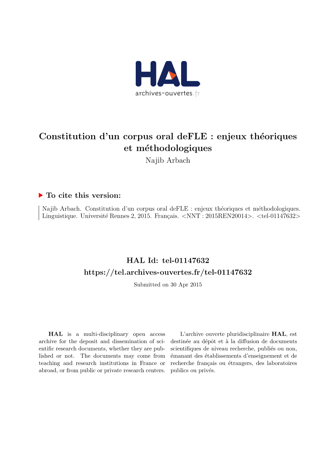 Constitution D'un Corpus Oral Defle : Enjeux Théoriques Et Méthodologiques - 2015 Arbach, Najib