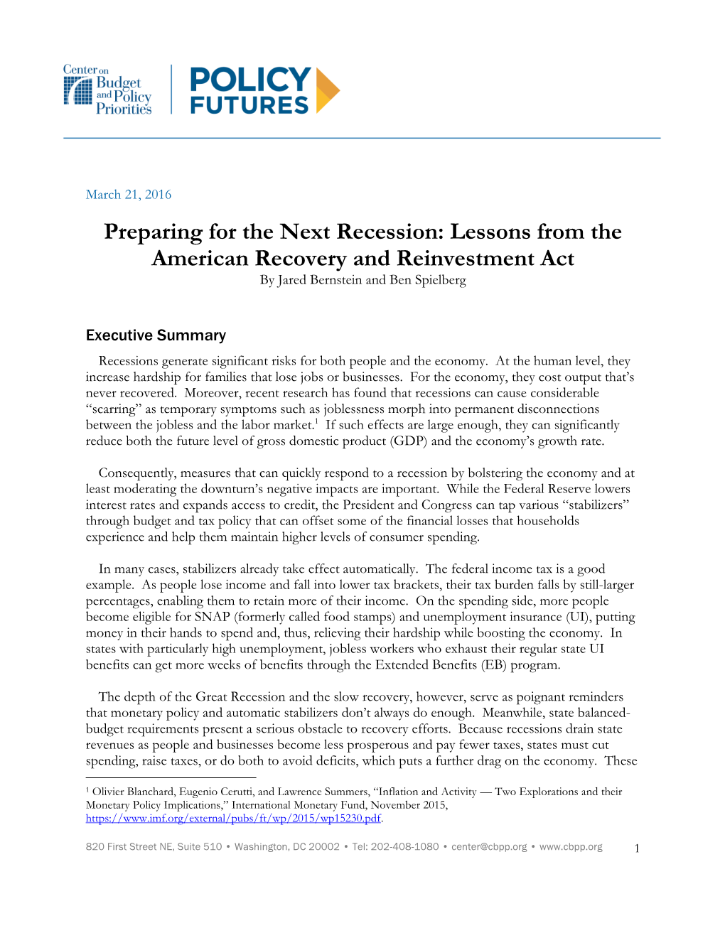 Preparing for the Next Recession: Lessons from the American Recovery and Reinvestment Act by Jared Bernstein and Ben Spielberg