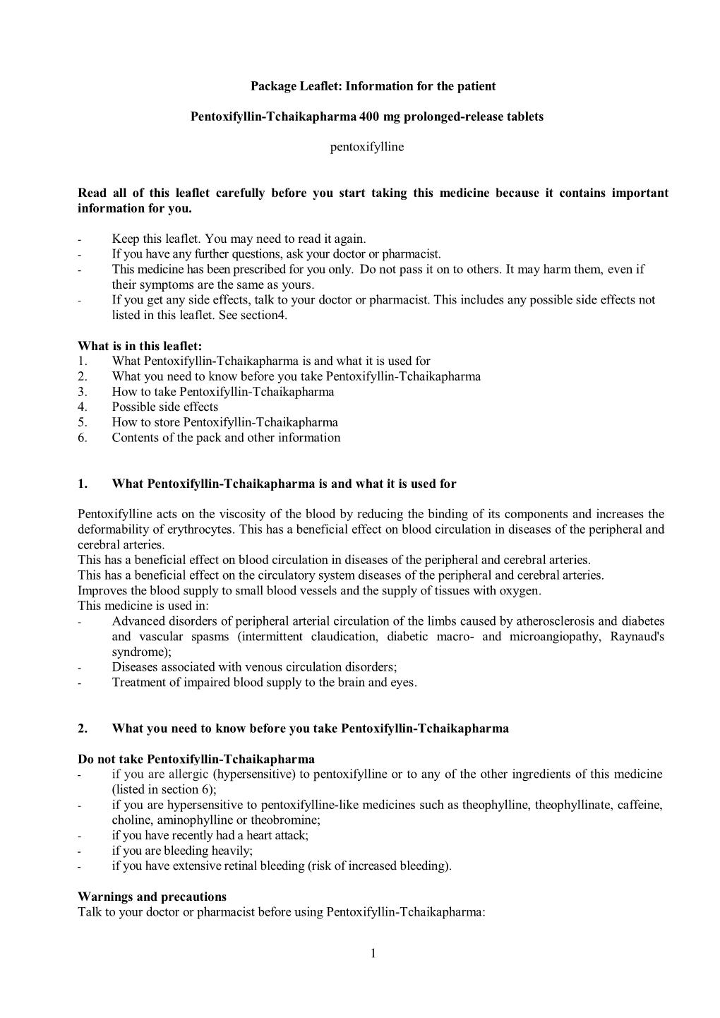 1 Package Leaflet: Information for the Patient Pentoxifyllin-Tchaikapharma