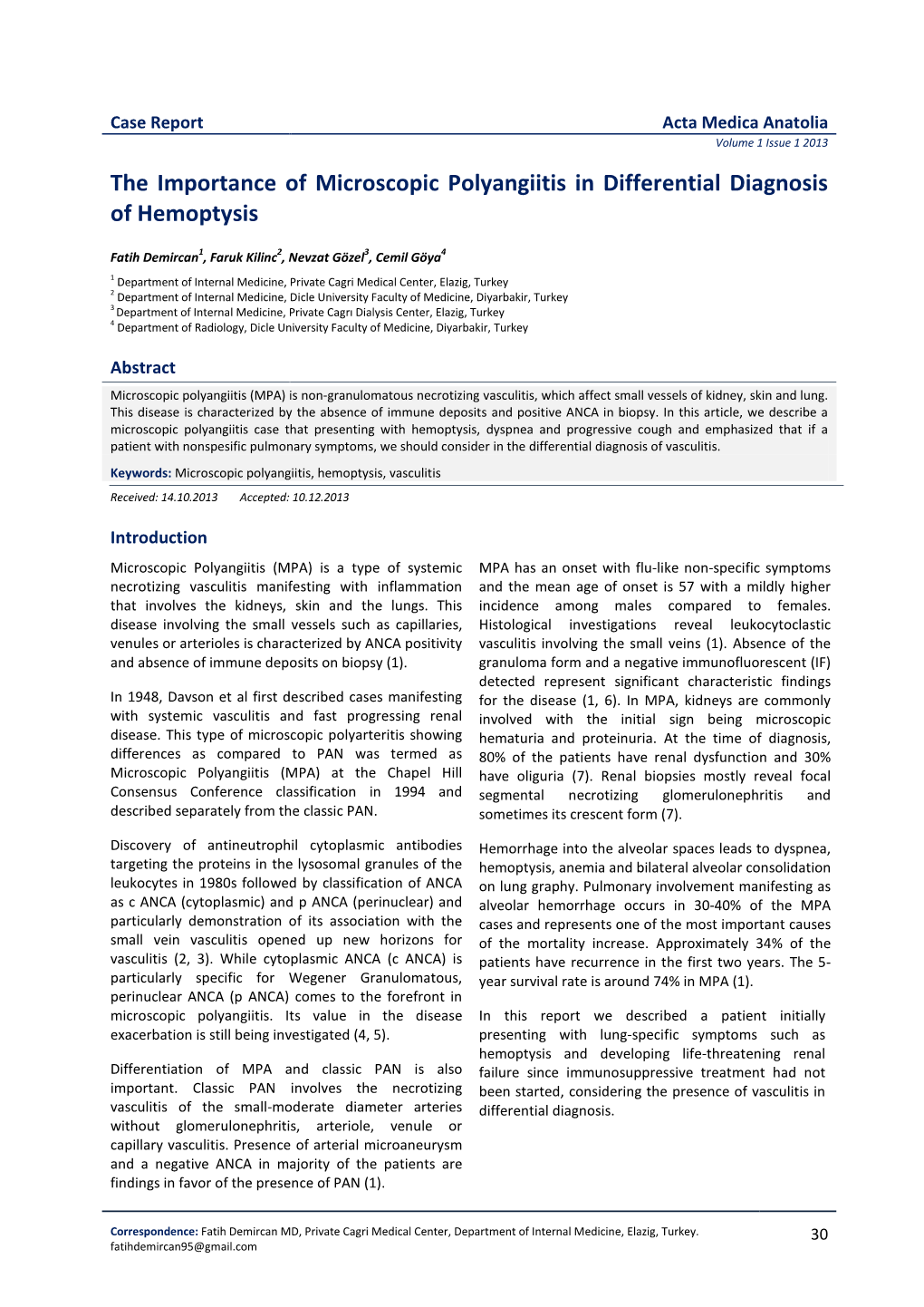 The Importance of Microscopic Polyangiitis in Differential Diagnosis of Hemoptysis