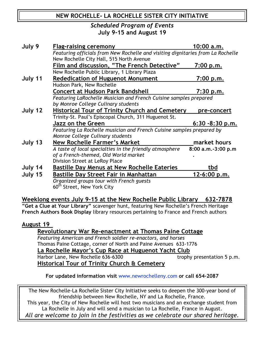 LA ROCHELLE SISTER CITY INITIATIVE Scheduled Program of Events July 9-15 and August 19