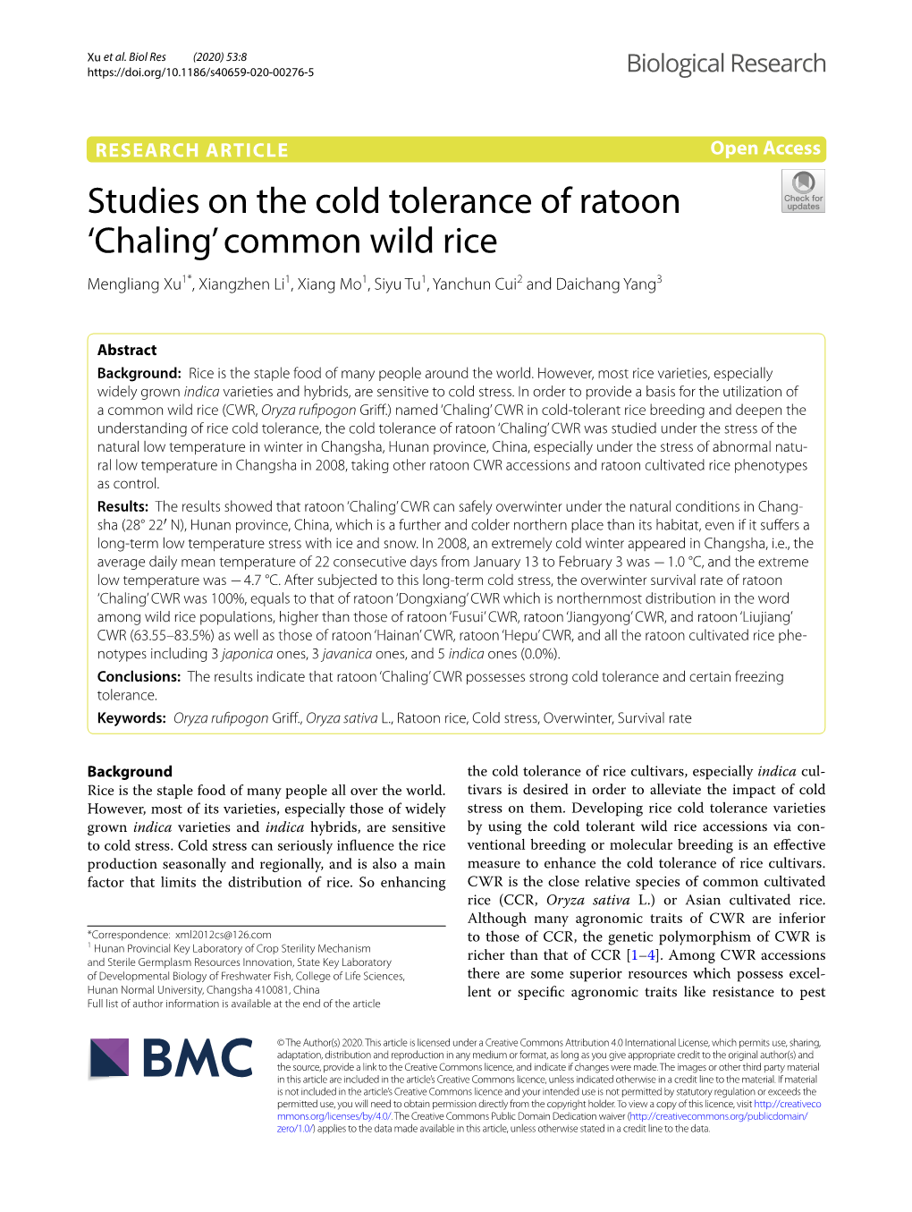 Studies on the Cold Tolerance of Ratoon 'Chaling' Common Wild Rice