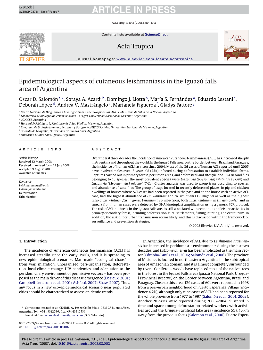 Epidemiological Aspects of Cutaneous Leishmaniasis in the Iguazãº Falls