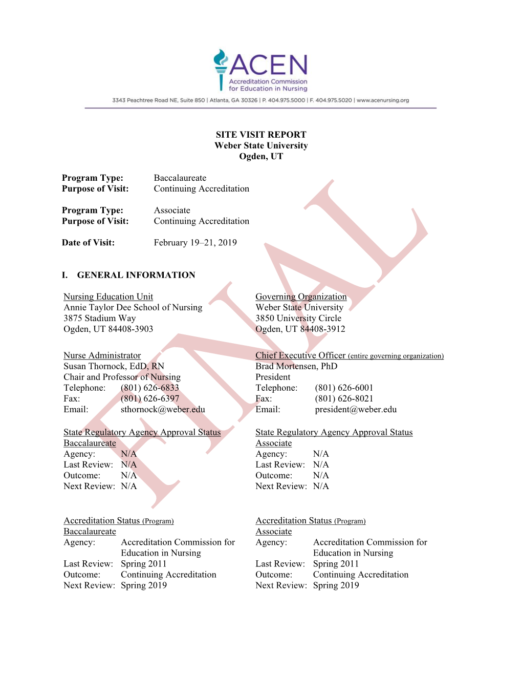 SITE VISIT REPORT Weber State University Ogden, UT Program