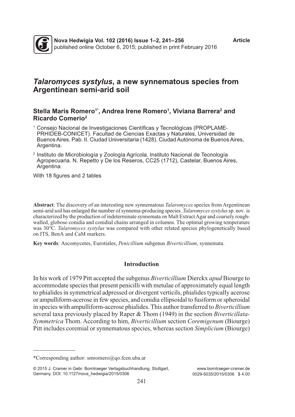 Talaromyces Systylus, a New Synnematous Species from Argentinean Semi-Arid Soil