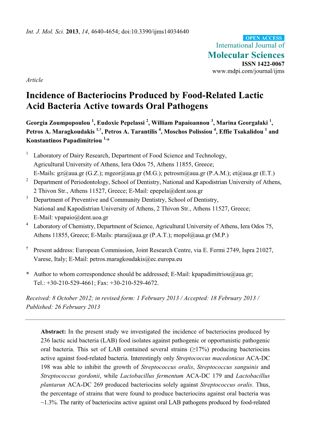 Incidence of Bacteriocins Produced by Food-Related Lactic Acid Bacteria Active Towards Oral Pathogens