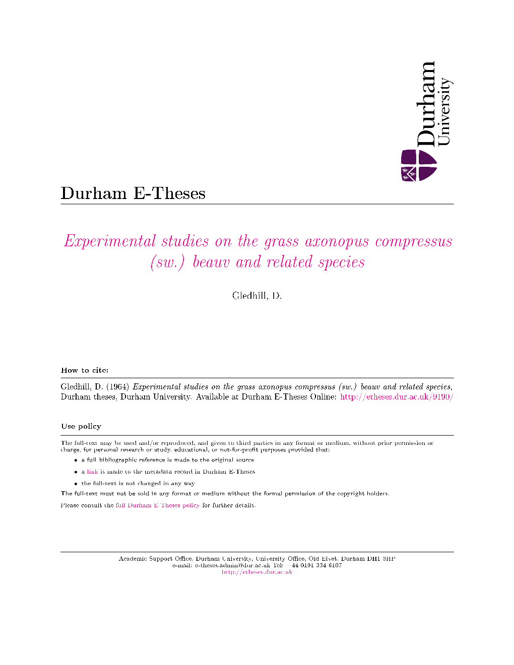 Experimental Studies on the Grass Axonopus Compressus (Sw.) Beauv and Related Species