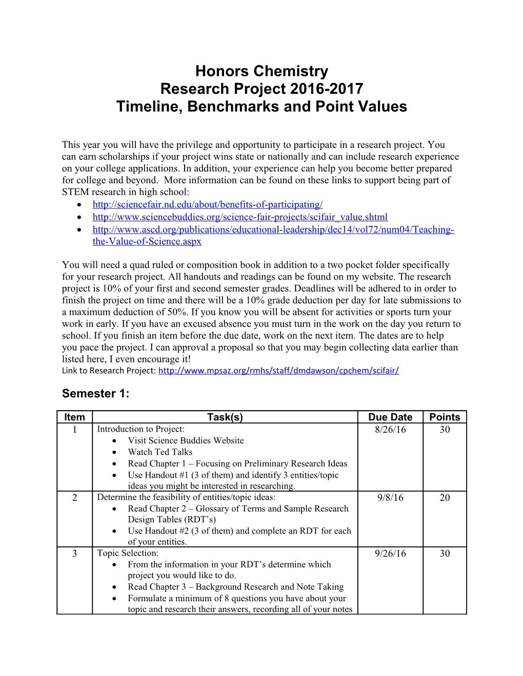 Timeline, Benchmarks and Point Values