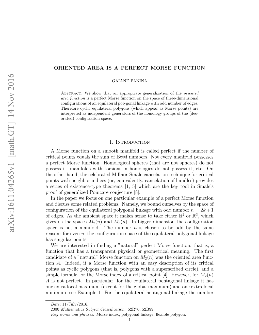 Arxiv:1611.04265V1 [Math.GT] 14 Nov 2016 Iiu,Seeape1 O H Qiaea Etgnllnaeten the Linkage Heptagonal Equilateral Ex the One for and 1