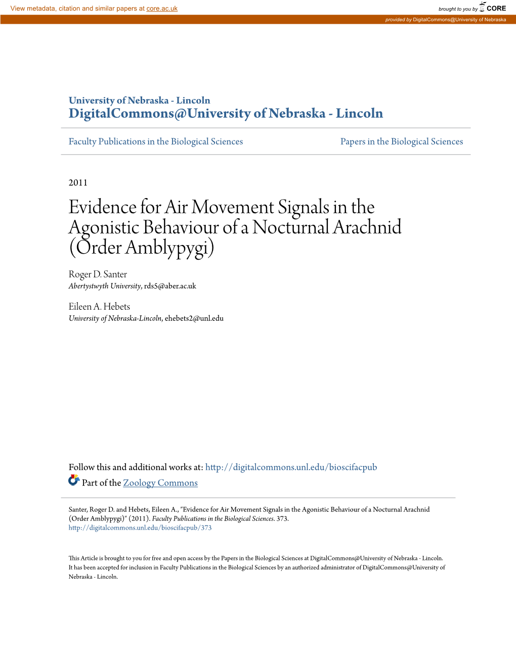 Evidence for Air Movement Signals in the Agonistic Behaviour of a Nocturnal Arachnid (Order Amblypygi) Roger D