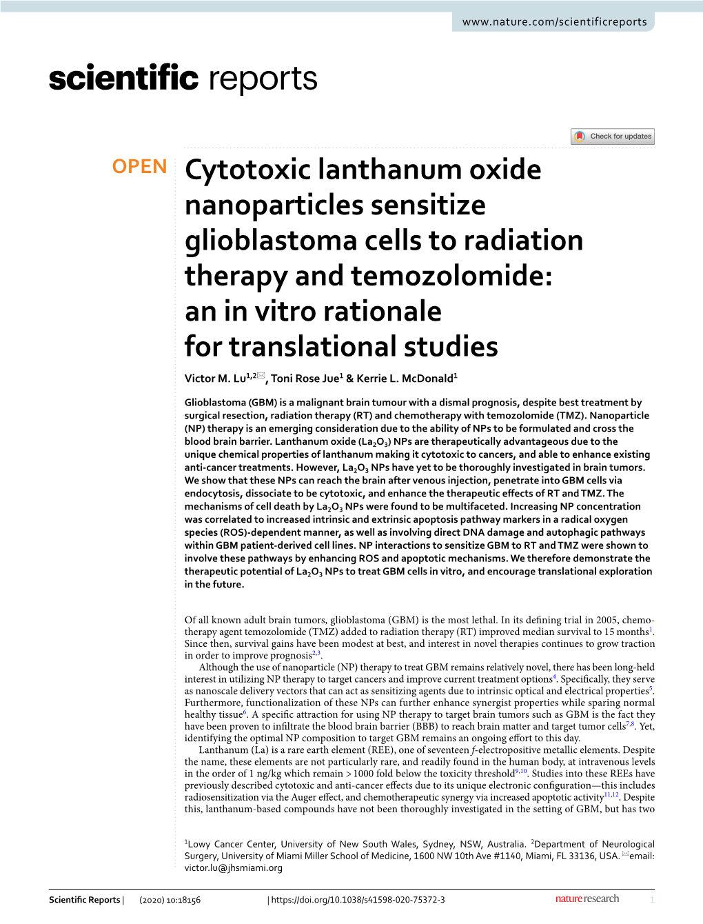 Cytotoxic Lanthanum Oxide Nanoparticles Sensitize Glioblastoma Cells to Radiation Therapy and Temozolomide: an in Vitro Rationale for Translational Studies Victor M