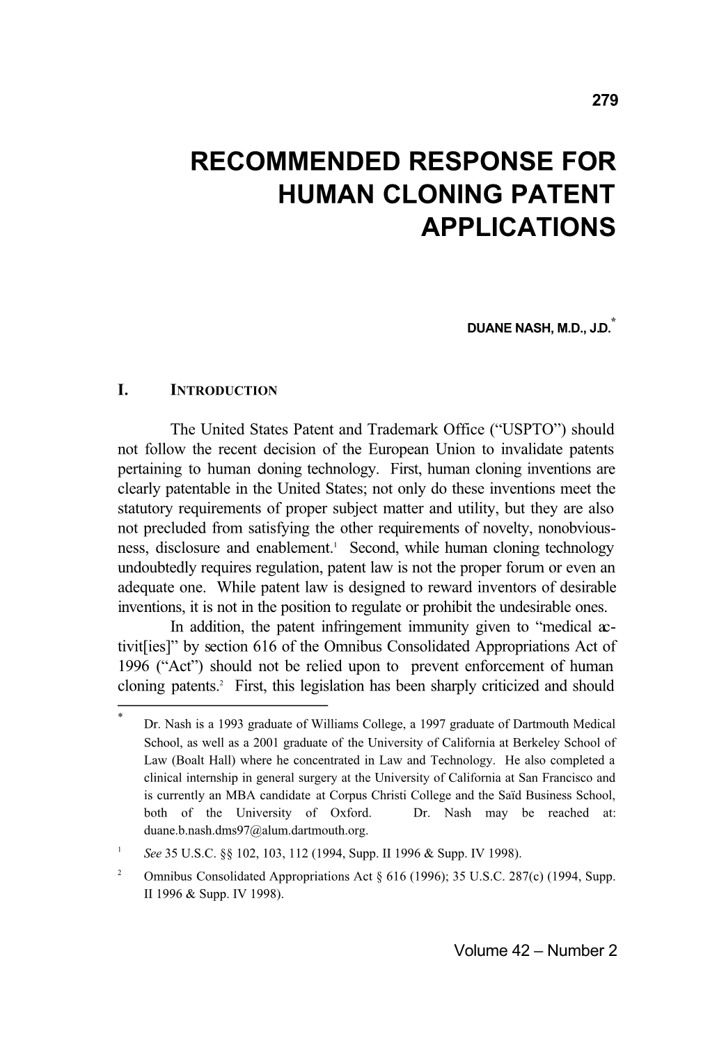 Recommended Response for Human Cloning Patent Applications