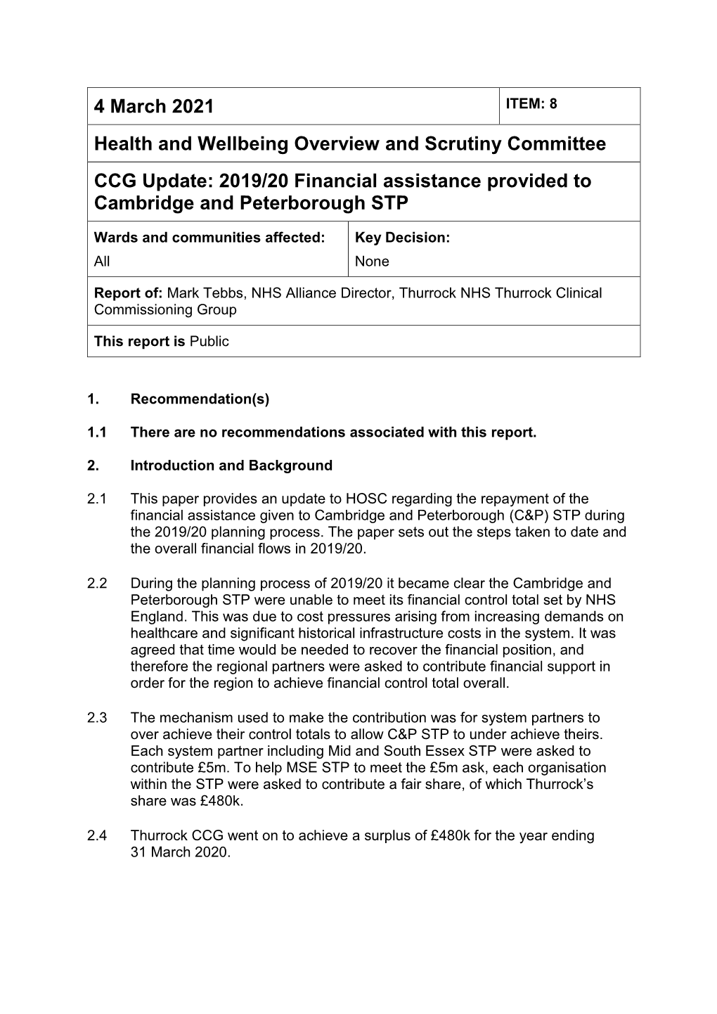 2019/20 Financial Assistance Provided to Cambridge and Peterborough STP PDF 442 KB