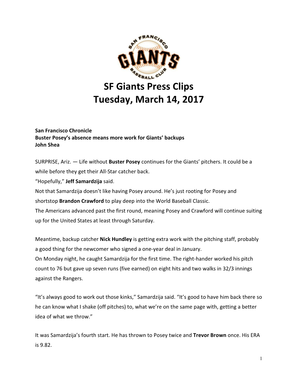 SF Giants Press Clips Tuesday, March 14, 2017