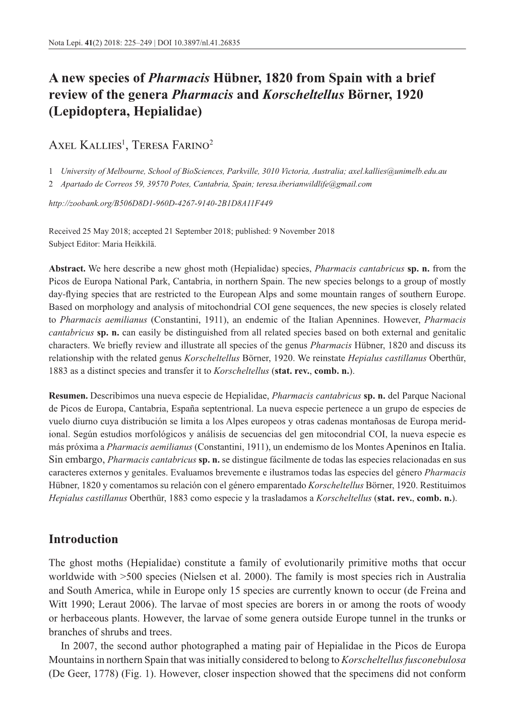 A New Species of Pharmacis Hübner, 1820 from Spain with a Brief Review of the Genera Pharmacis and Korscheltellus Börner, 1920 (Lepidoptera, Hepialidae)