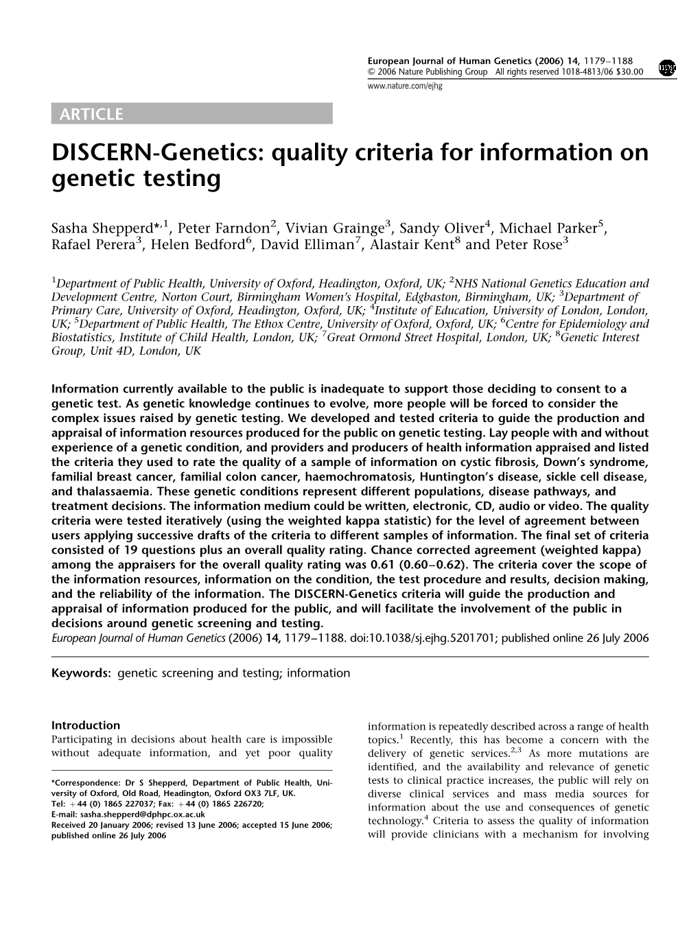 DISCERN-Genetics: Quality Criteria for Information on Genetic Testing