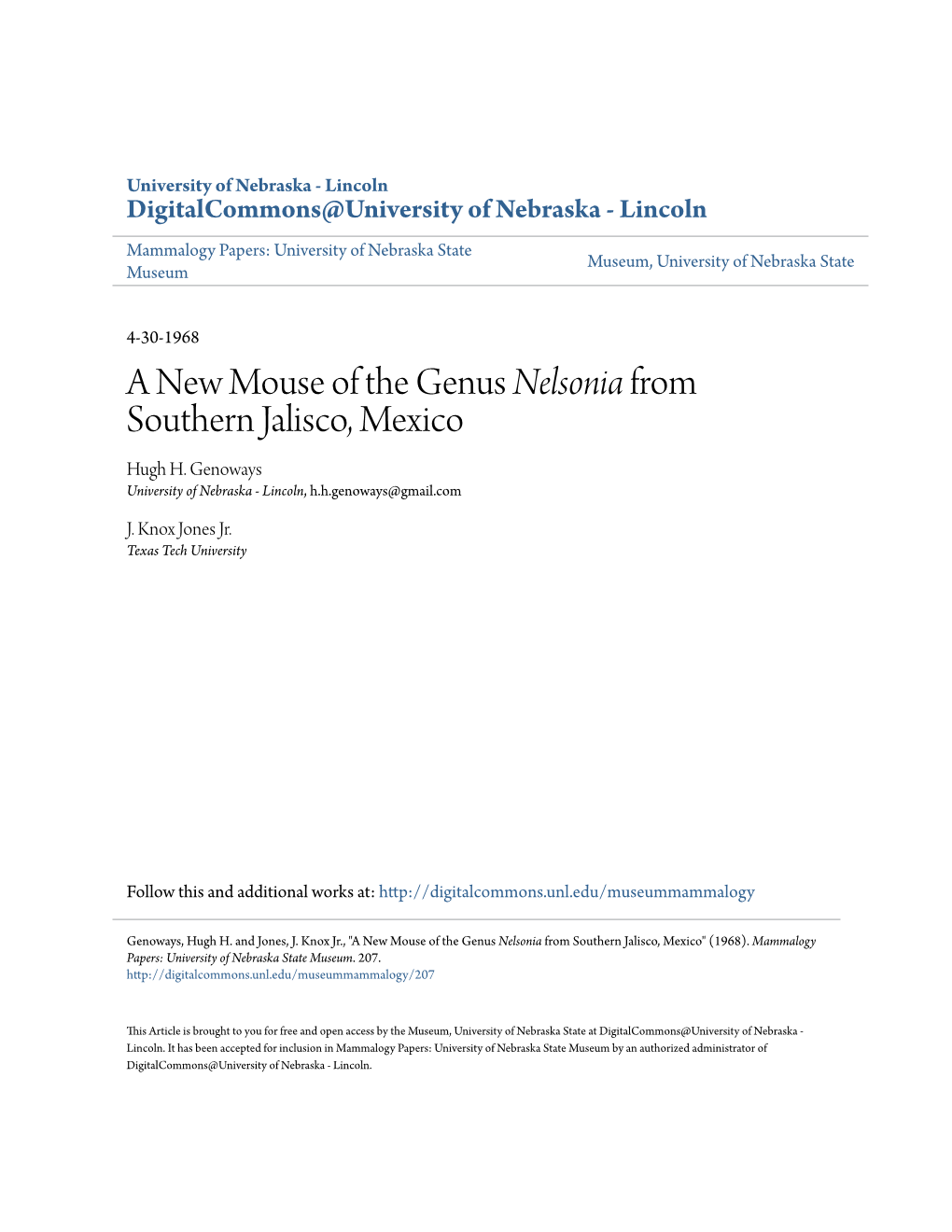 A New Mouse of the Genus Nelsonia from Southern Jalisco, Mexico Hugh H