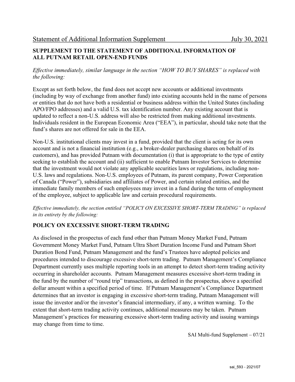 Statement of Additional Information Supplement July 30, 2021