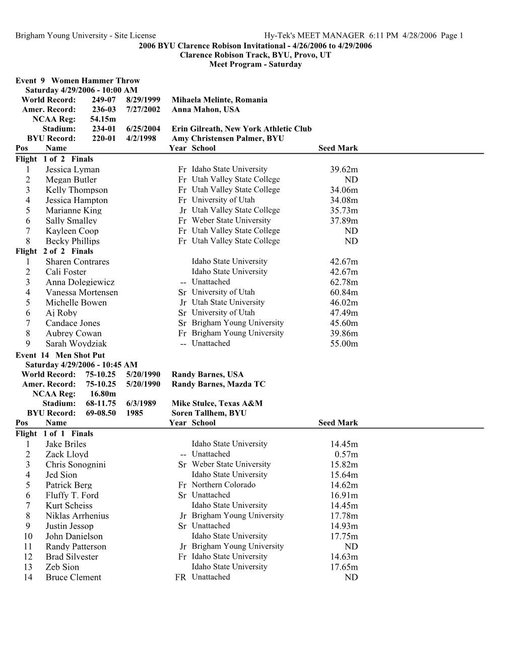 Saturday Heat Sheets