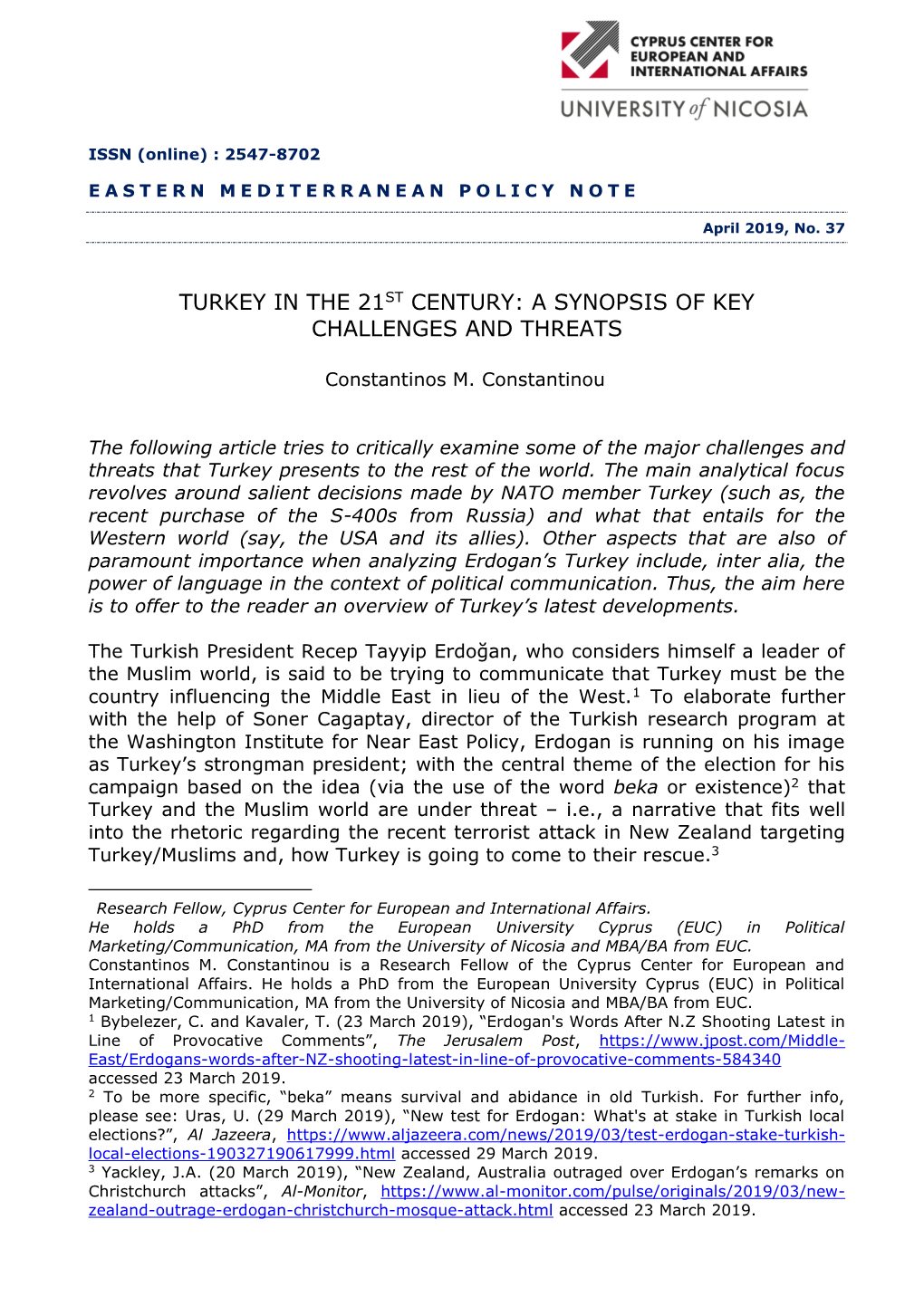 Turkey in the 21St Century: a Synopsis of Key Challenges and Threats