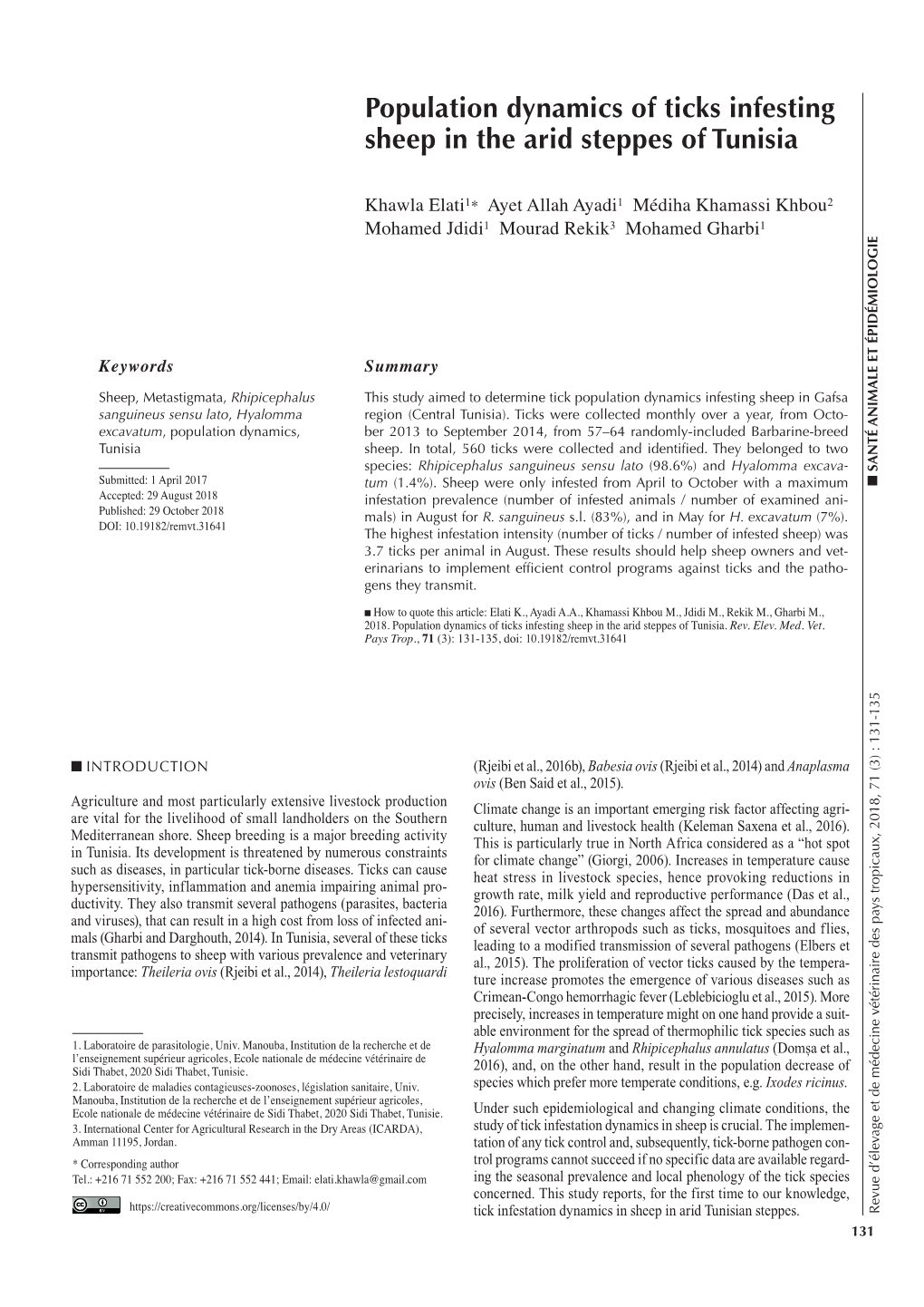 Population Dynamics of Ticks Infesting Sheep in the Arid Steppes of Tunisia