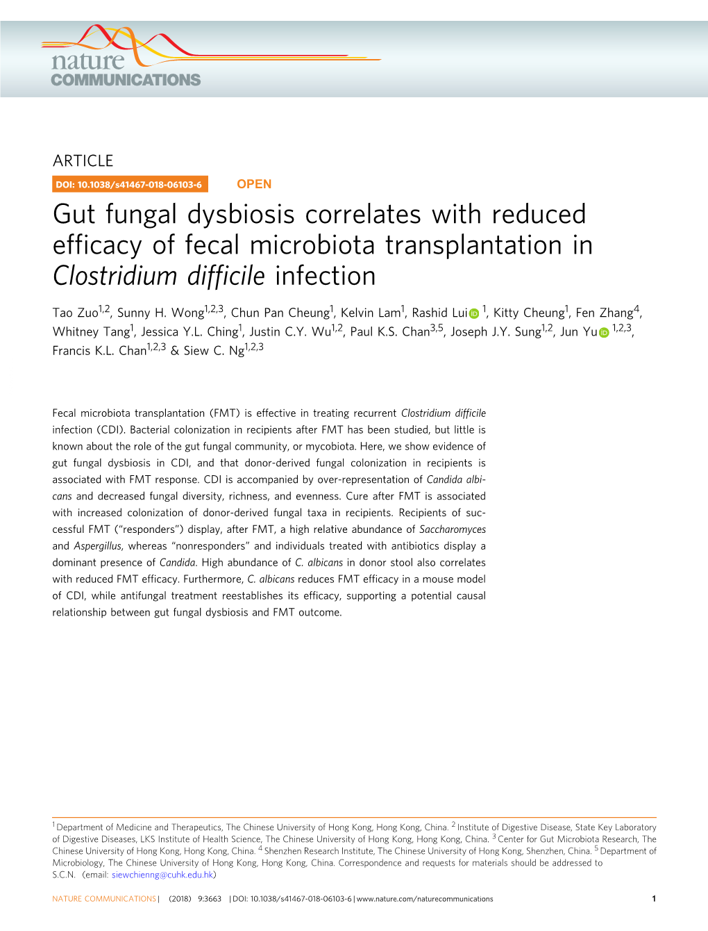 Gut Fungal Dysbiosis Correlates with Reduced Efficacy of Fecal Microbiota