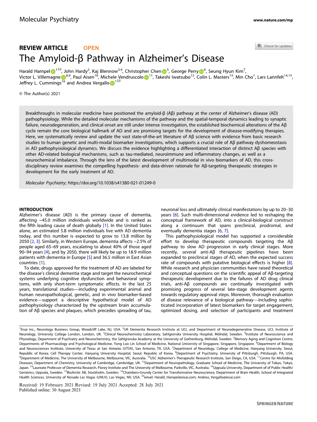 The Amyloid-Î² Pathway in Alzheimerâ€™S Disease