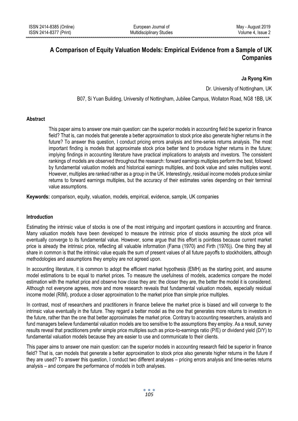 A Comparison of Equity Valuation Models: Empirical Evidence from a Sample of UK Companies