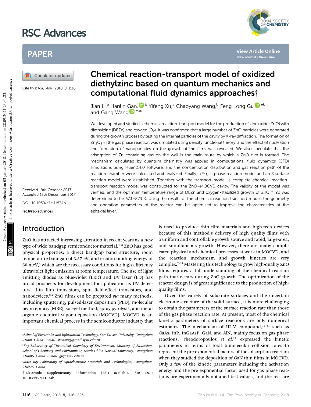 Chemical Reaction-Transport Model of Oxidized Diethylzinc Based on Quantum Mechanics and Cite This: RSC Adv.,2018,8, 1116 Computational ﬂuid Dynamics Approaches†