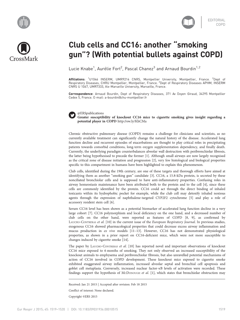 Club Cells and CC16: Another “Smoking Gun”? (With Potential Bullets Against COPD)