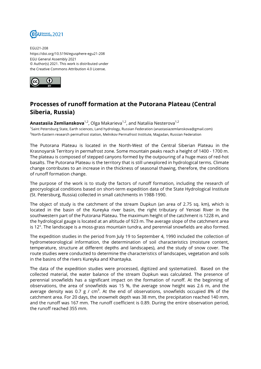 Processes of Runoff Formation at the Putorana Plateau (Central Siberia, Russia)