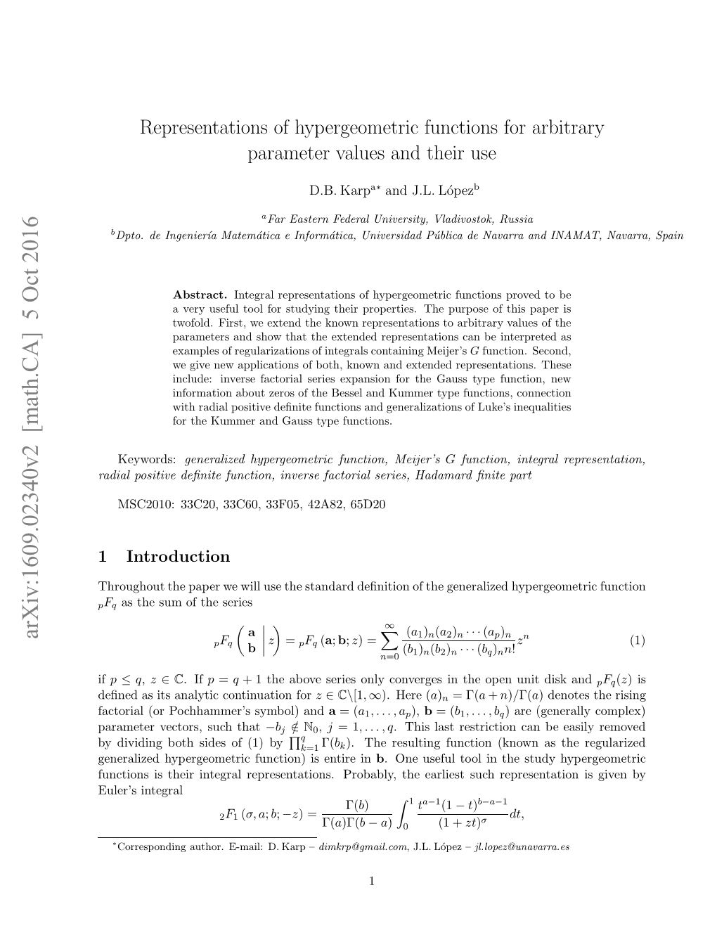 Representations of Hypergeometric Functions for Arbitrary Parameter