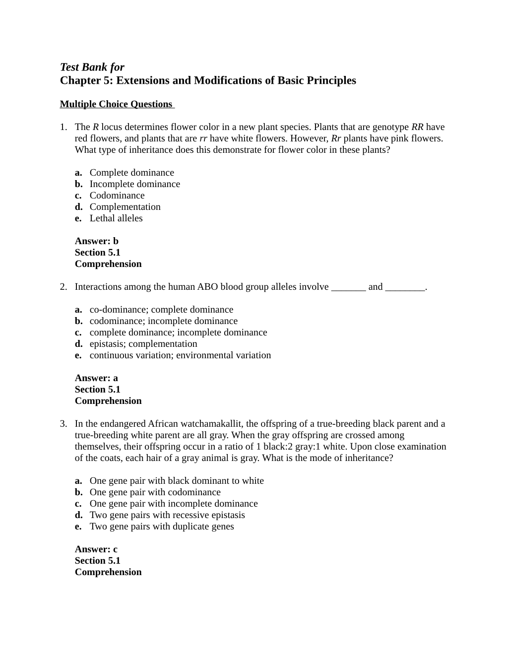 Test Bank for Chapter 5: Extensions and Modifications of Basic Principles