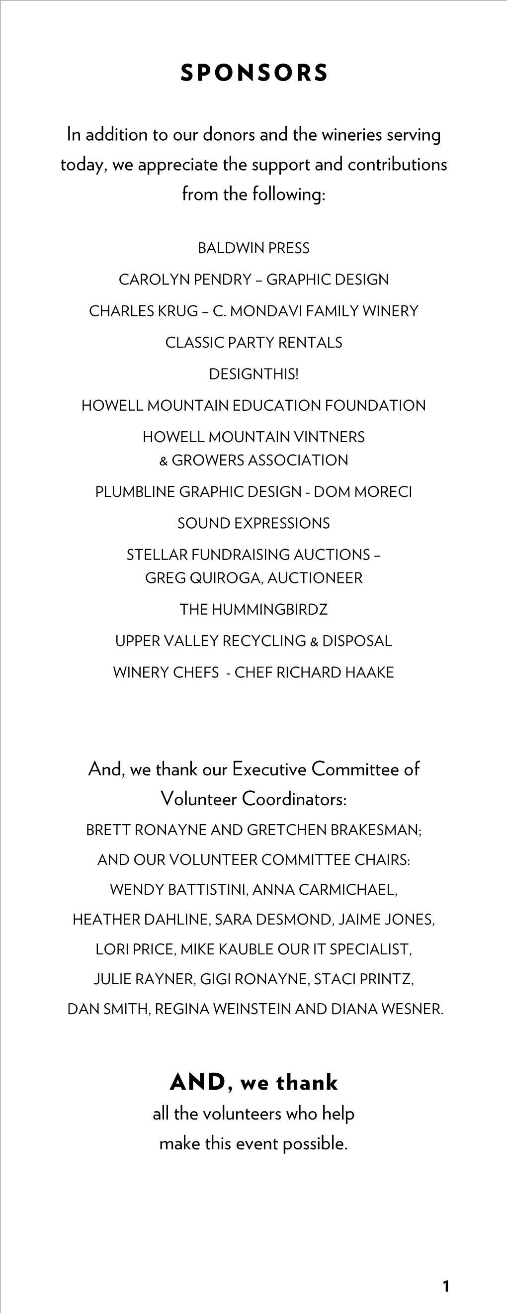 In Addition to Our Donors and the Wineries Serving Today, We Appreciate the Support and Contributions from the Following