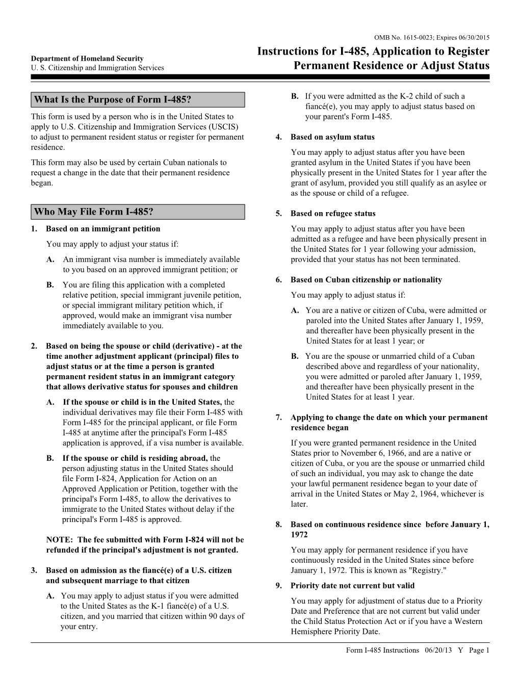 Instructions for I-485, Application to Register Permanent Residence Or