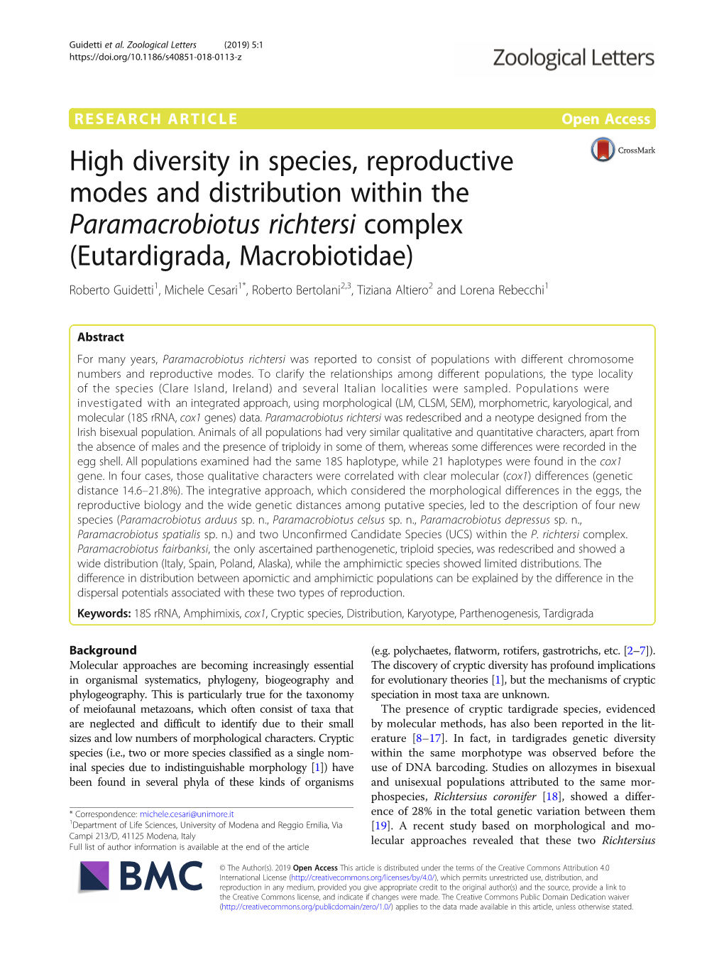 High Diversity in Species, Reproductive Modes and Distribution Within the Paramacrobiotus Richtersi Complex