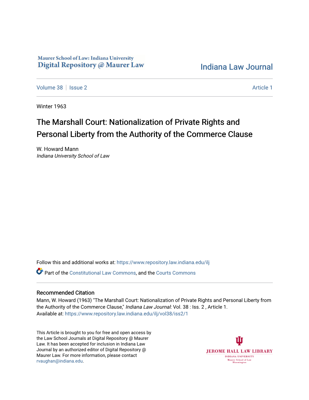 The Marshall Court: Nationalization of Private Rights and Personal Liberty from the Authority of the Commerce Clause