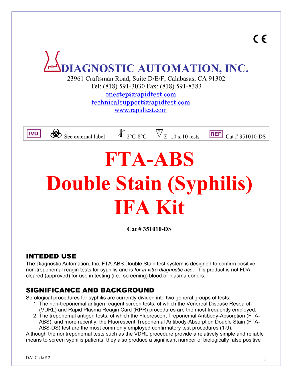 FTA-ABS Double Stain (Syphilis) IFA Kit