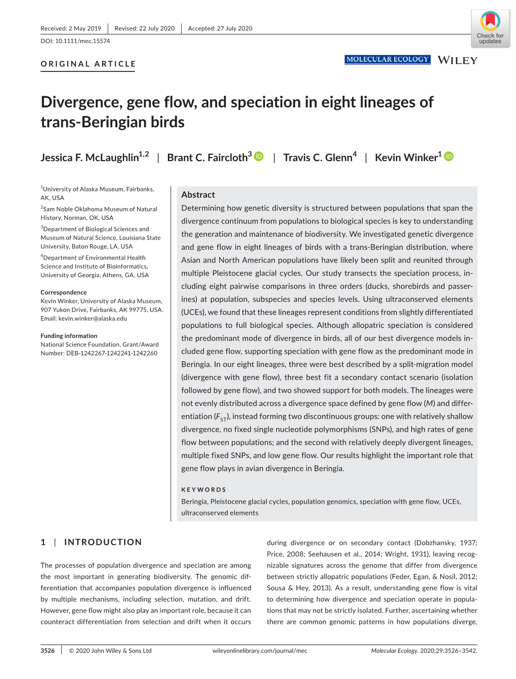 Divergence, Gene Flow, and Speciation in Eight Lineages of Trans‐Beringian Birds